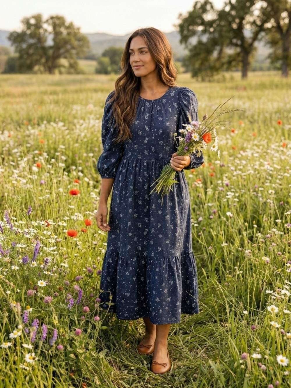 Summersalt Women's Blue & White Floral Cottagecore Classic Maxi Dress Size Small